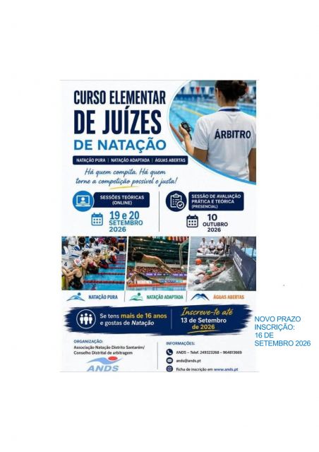  	PRORROGACAO PRAZO INSCRICAO-Curso Elementar de Juízes e Cronometristas de Natação Pura, Adaptada e Águas Abertas 2026